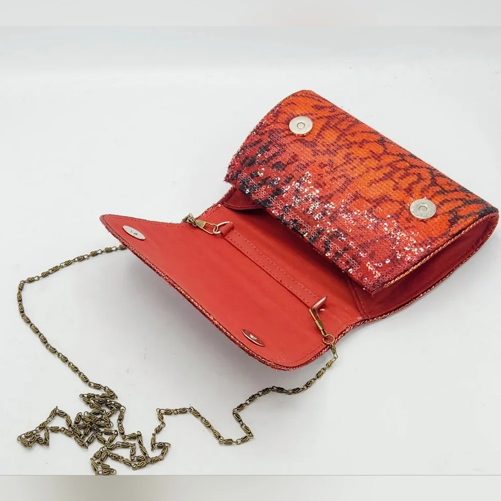 Vintage Red & Black Sequin Clutch In Abstract Pattern Convertible Chain Strap